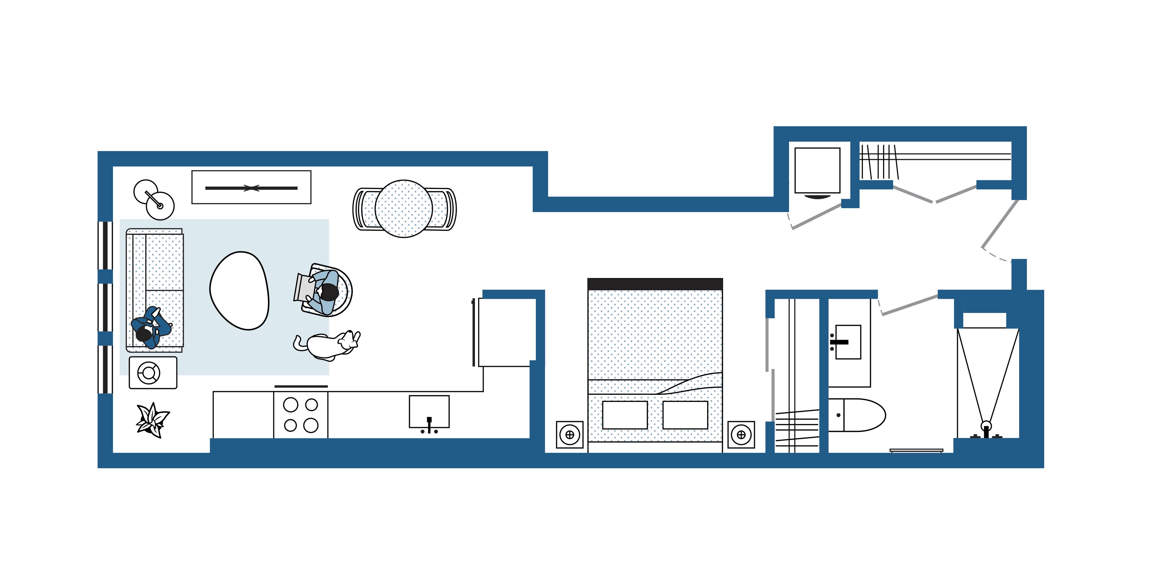Plano de una habitación de hotel con kitchenette, zona de comedor, baño y un pequeño balcón.