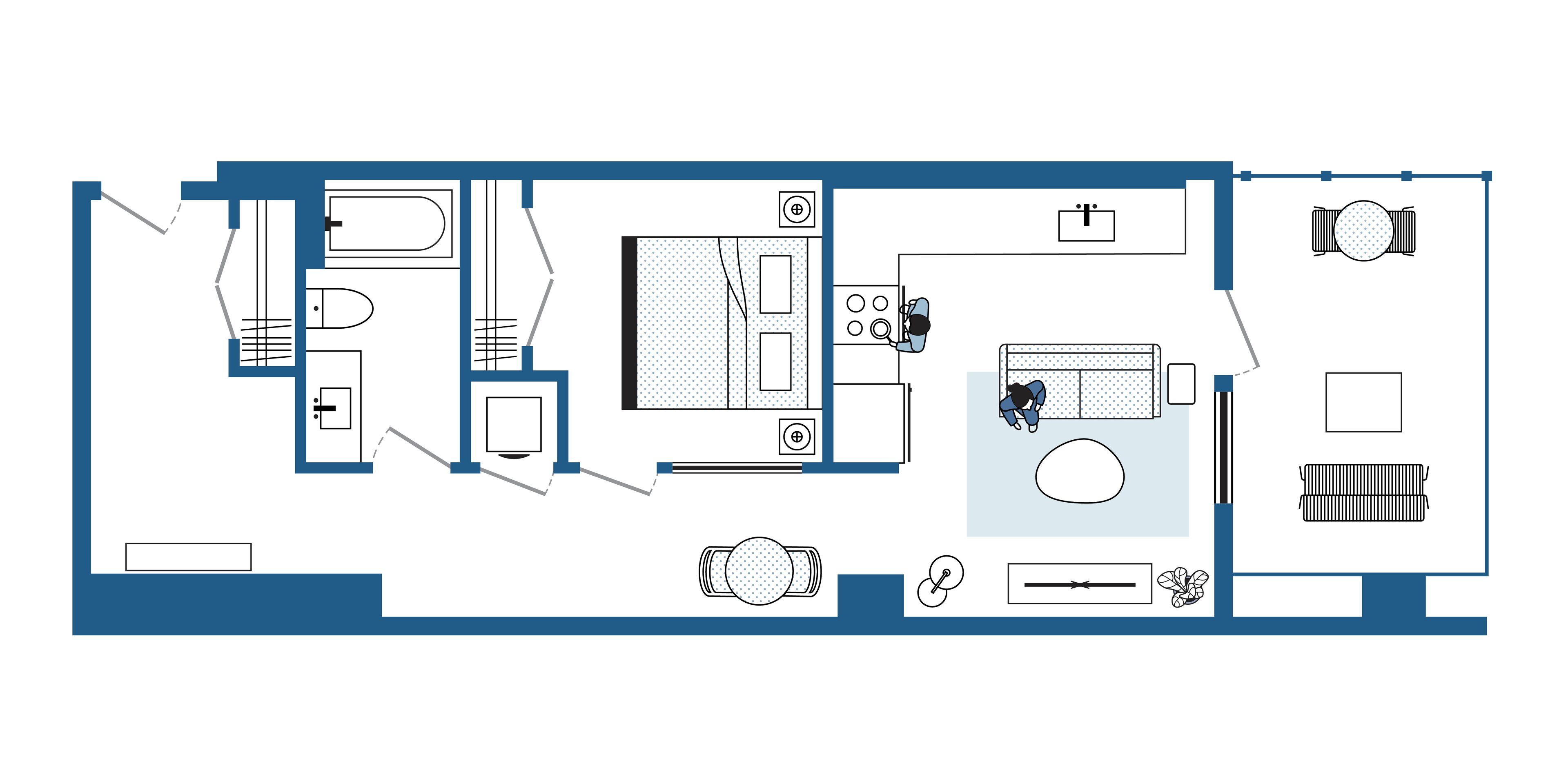 A floor plan of a hotel room with a bed, a desk, a chair, a window, and a bathroom.