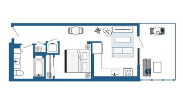 Plano de un cuarto de hotel con cama, baño, kitchenette y zona de estar.