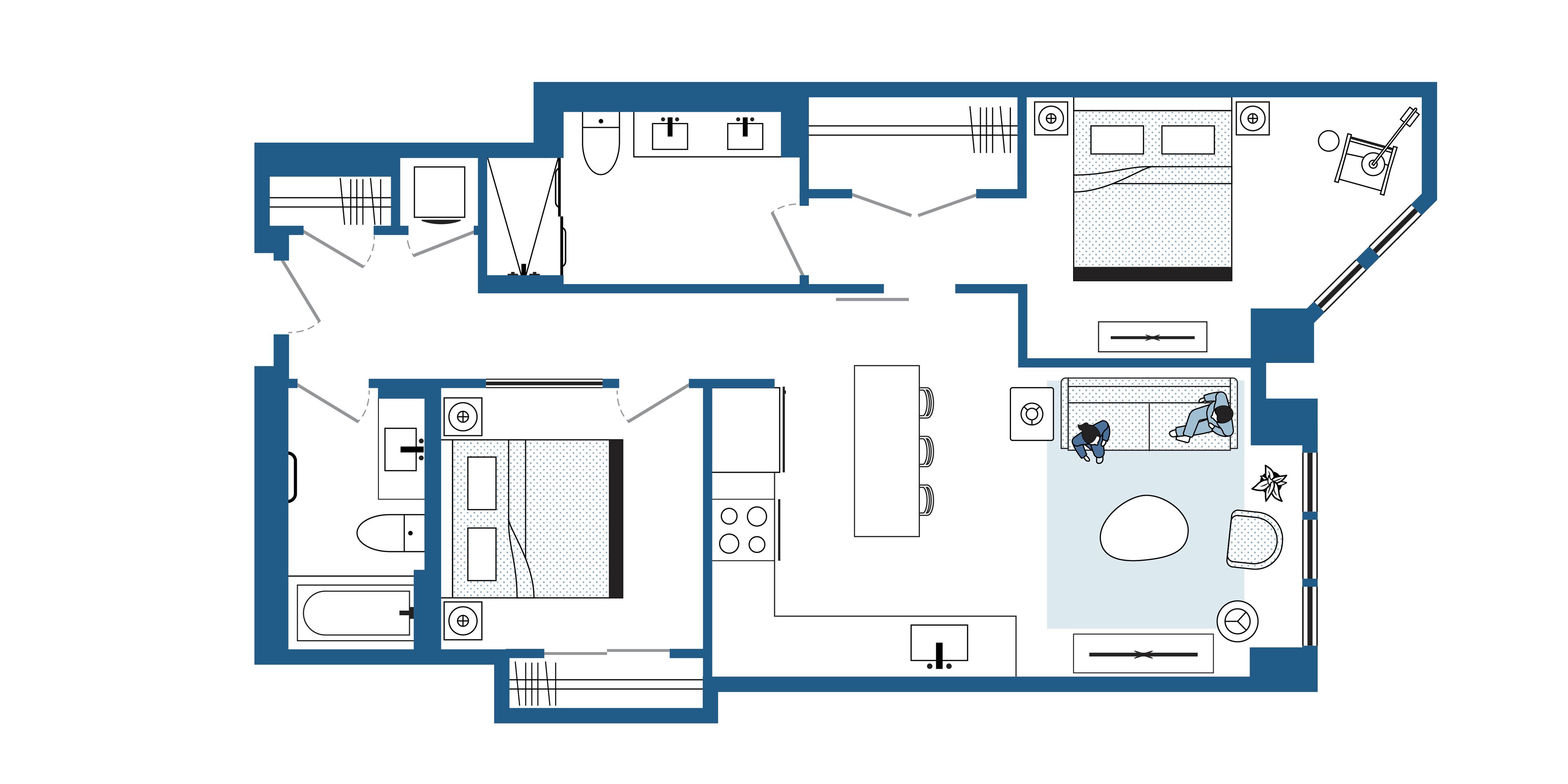 Planta baixa de um quarto de hotel com cozinha compacta, banheiro, sala de estar com sofá e mesa de centro, e uma pequena varanda.