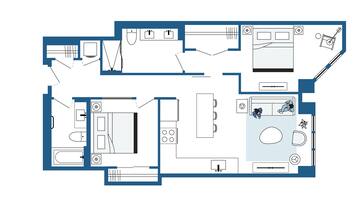 Planta baixa de um quarto de hotel com cozinha compacta, banheiro, sala de estar com sofá e mesa de centro, e uma pequena varanda.