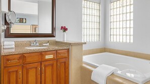Jetted tub, hair dryer, towels, soap