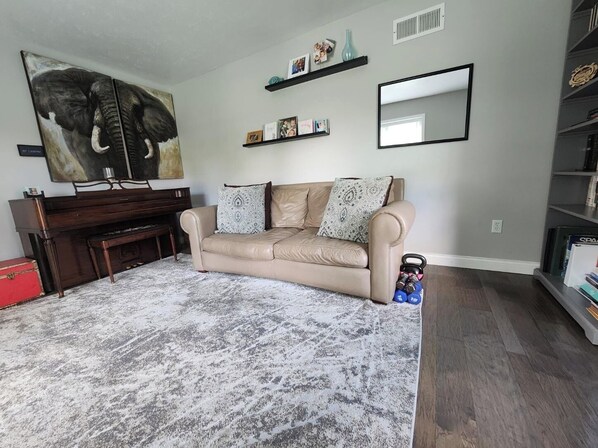 Smart TV, fireplace, books, printers