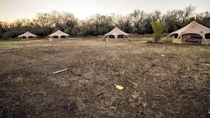 A series of tents in an open field with sparse vegetation and trees in the background. - Bisti Badlands Tent (Farmington)