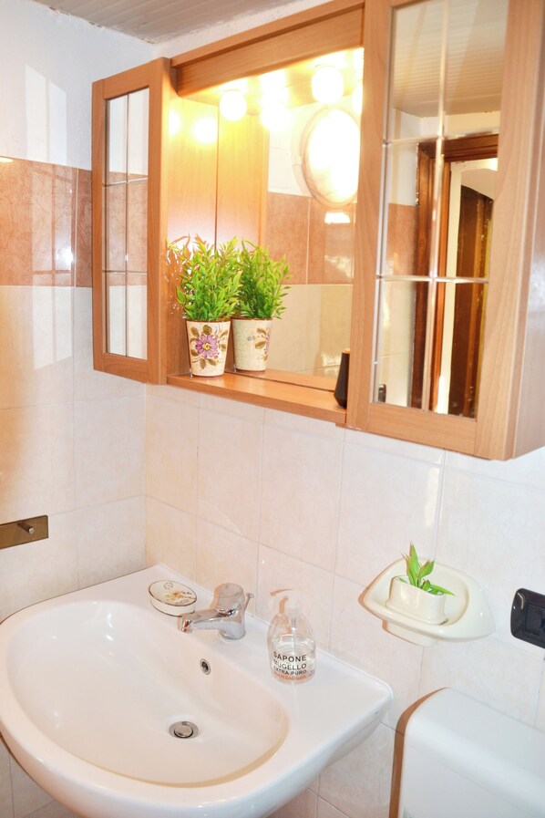 A bathroom with a white sink, a mirror above it, and two potted plants on the countertop.