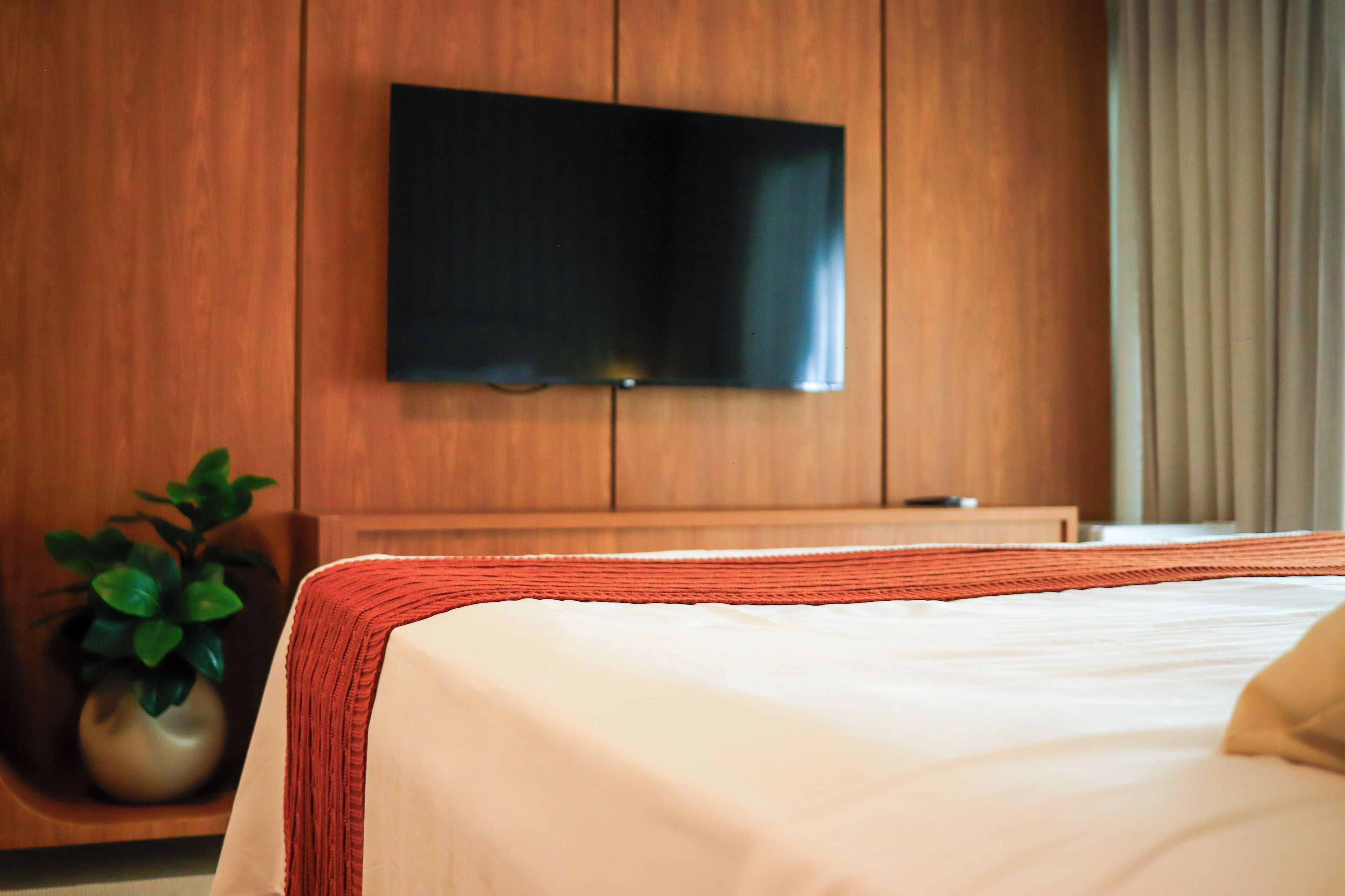 Een hotelkamer met een bed, een aan de muur bevestigde televisie en een potplant.