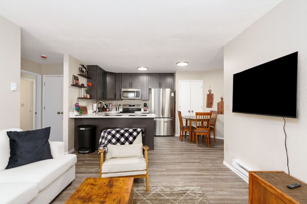 Smart TV, fireplace, books