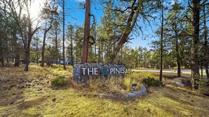 Een stenen bordje met de tekst 'THE PINES', omringd door een bebost gebied met dennenbomen.