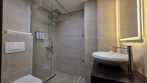 Hair dryer, towels, soap, toilet paper