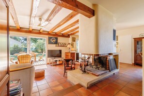 Televisie, een open haard en boeken