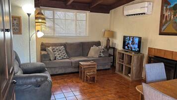 TV connectée, cheminée, lecteur de DVD, livres