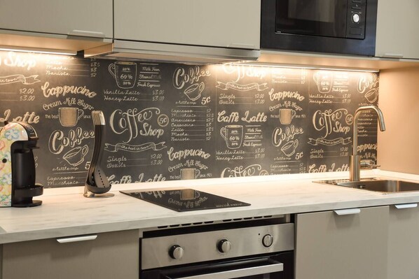 Fridge, microwave, oven, dishwasher