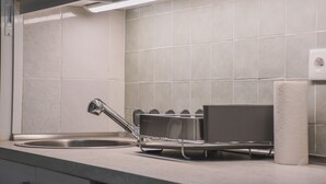 Uma cozinha com pia de aço inoxidável, escorredor de louça e dispensador de papel toalha.