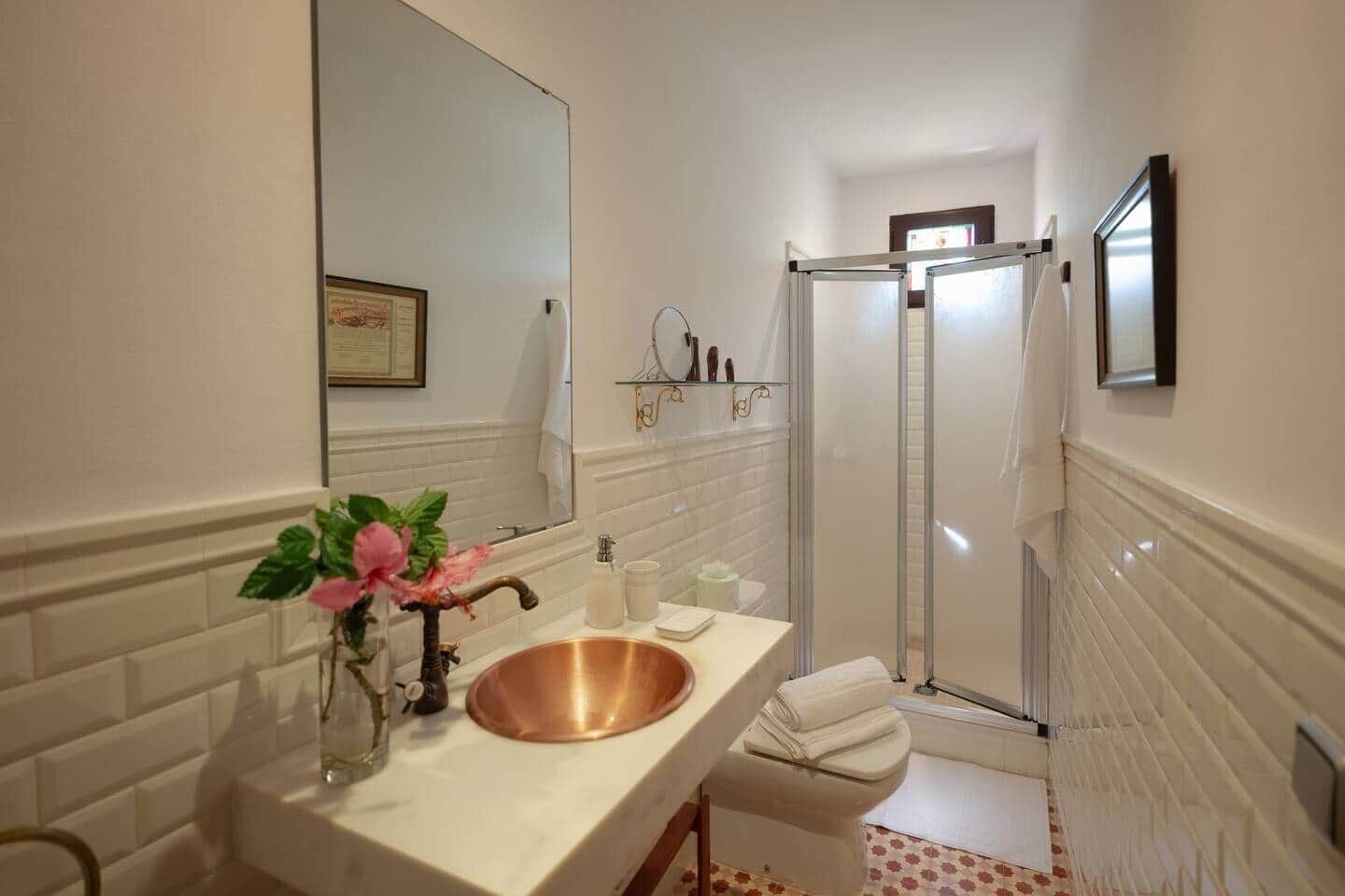 Douche, sèche-cheveux, serviettes fournies, savon
