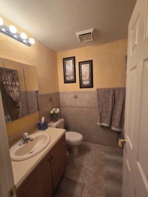 Hair dryer, towels, soap