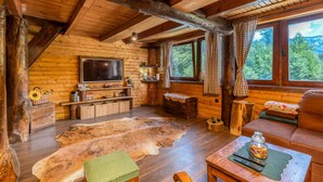 A cozy cabin interior with a wooden interior, a large flat-screen TV, a fur rug, and a sofa.