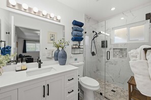 Shower, hair dryer, towels