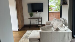 A modern living room with a sofa, a TV, a plant, and a bookshelf.