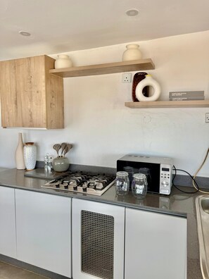 Fridge, microwave, stovetop, electric kettle
