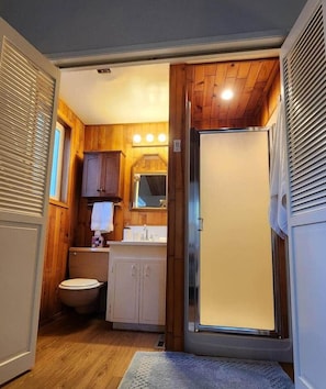 Een kleine badkamer met houten lambrisering, een toilet, een wastafel met spiegel en een douchecabine.