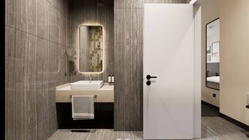 Shower, pengering rambut, jubah mandi, dan sandal