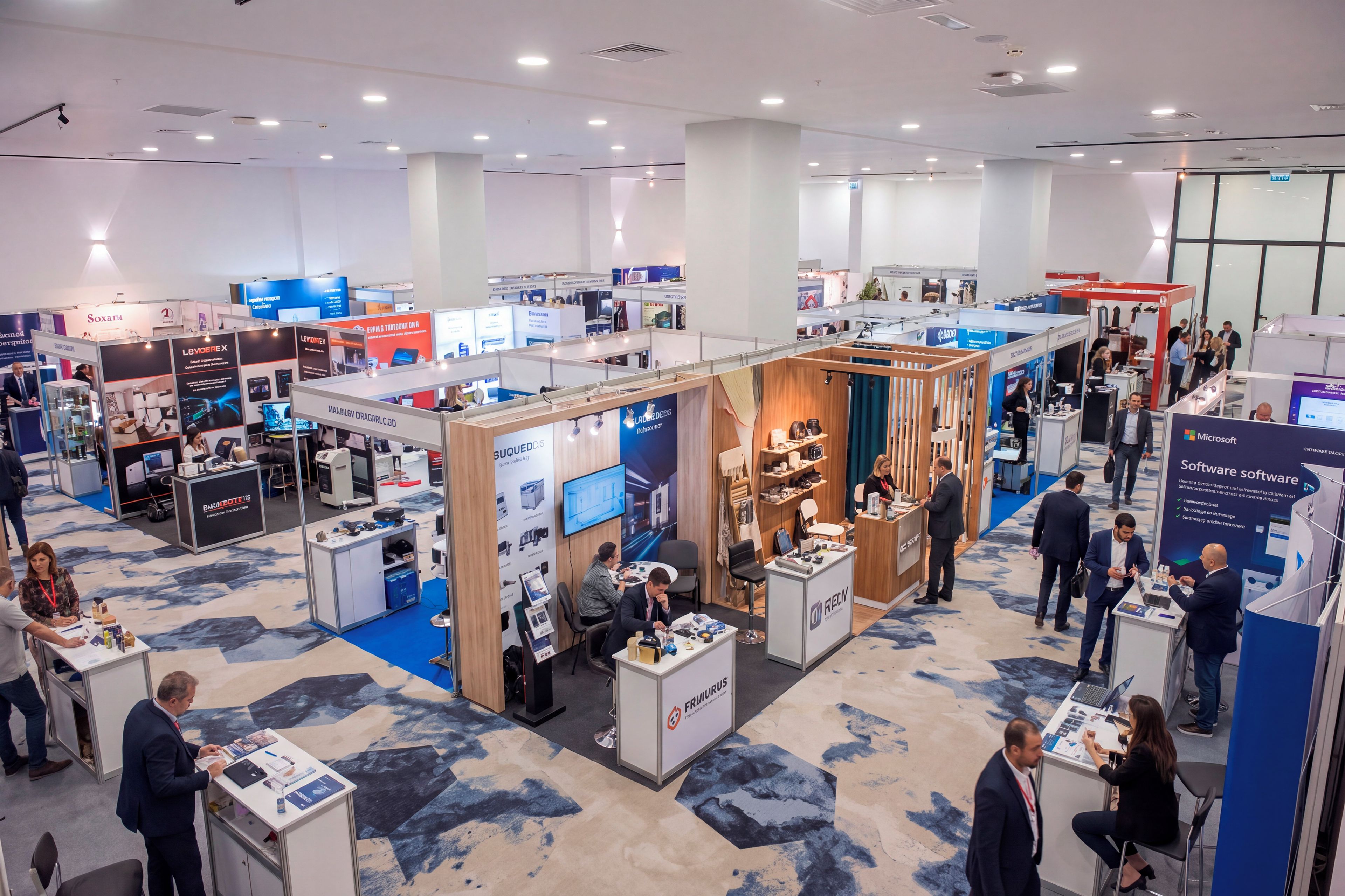 A spacious exhibition hall with multiple booths, some featuring digital displays and others with physical products.