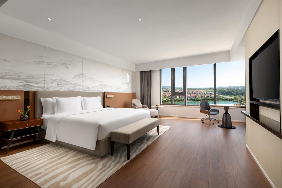 Une chambre d’hôtel moderne dotée d’un grand lit, d’un bureau, d’une chaise, d’une télévision et offrant une vue sur la ville.