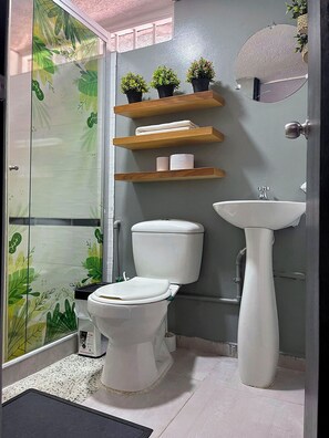 Douche, sèche-cheveux, bidet, serviettes fournies