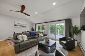 Smart TV, fireplace, books