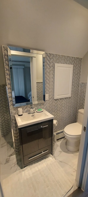 Shower, towels, soap, toilet paper