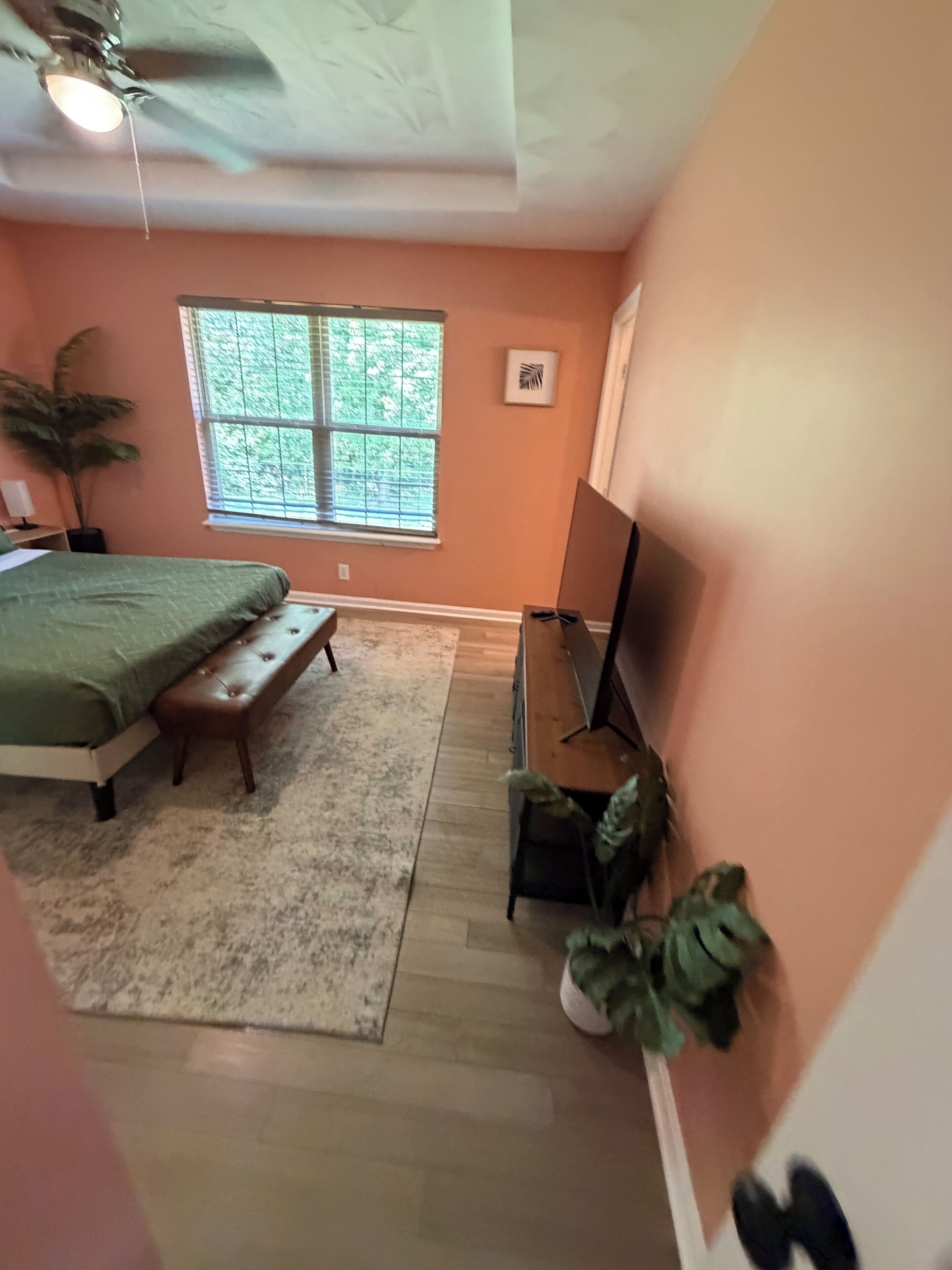 Une chambre à coucher avec un lit, un banc, une télévision et des plantes en pot.