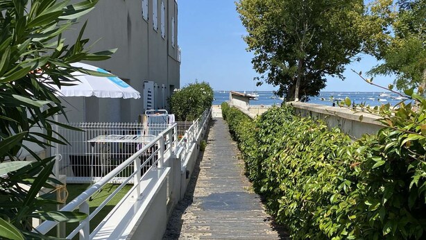 A wooden pathway flanked by a white railing and green foliage, leading to a body of water with boats.