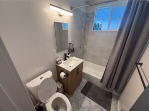 Hair dryer, towels, soap, toilet paper
