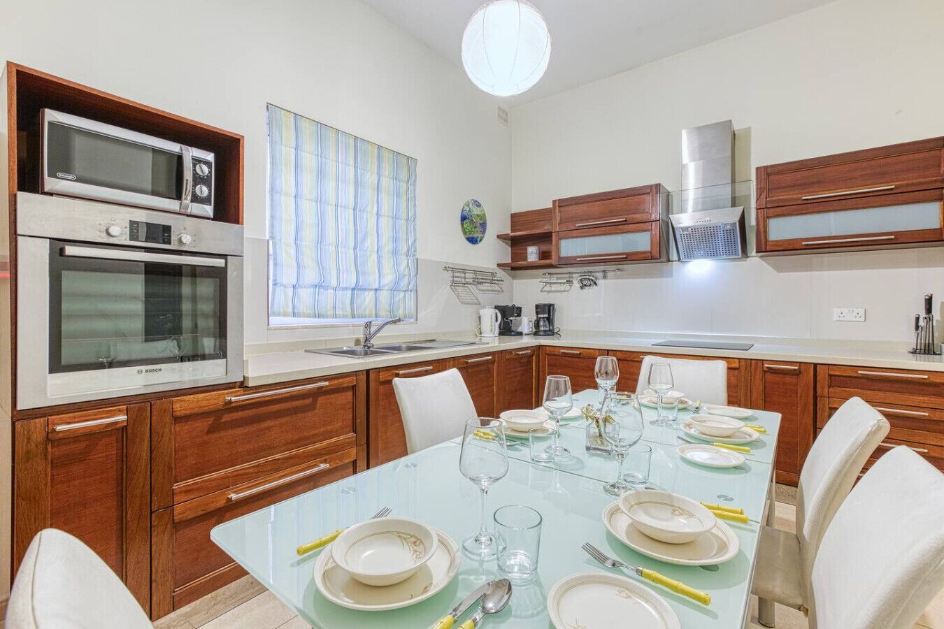 Fridge, microwave, oven, dining tables