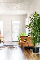 A room with a wooden floor, a sofa, a small table with a plant, and a potted plant by the window.
