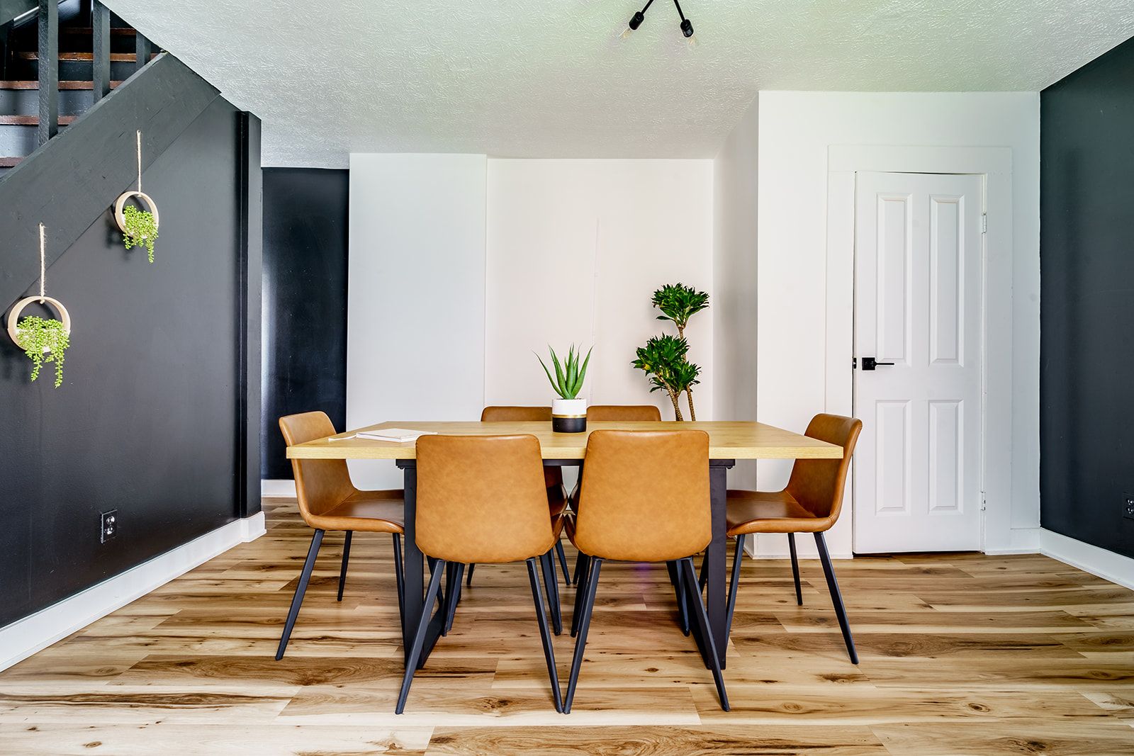 Un coin repas avec une table en bois, six chaises et deux plantes en pot.