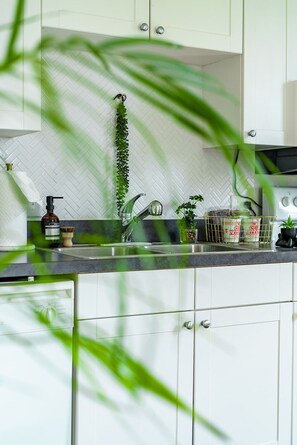 A kitchen with white cabinets, a herringbone tile backsplash, a hanging plant, a soap dispenser, and a spice rack. - Jungle House Downtown Columbus – Modern Boutique Suites (Columbus)