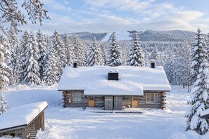 Une cabane en rondins dont le toit est recouvert de neige, entourée d’arbres chargés de neige et avec une chaîne de montagnes en arrière-plan.