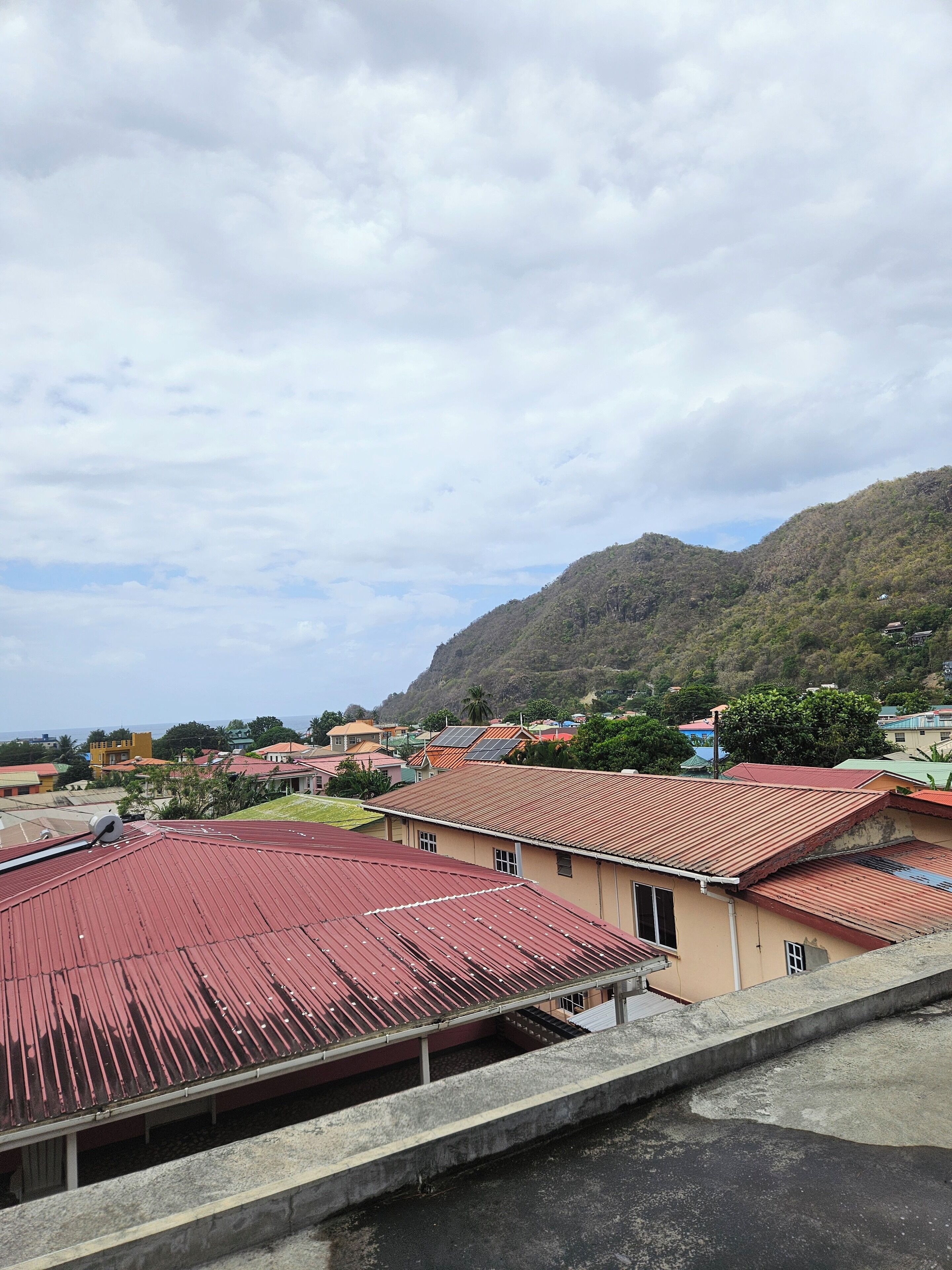 A residential area with houses featuring red roofs and a mountain in the background.