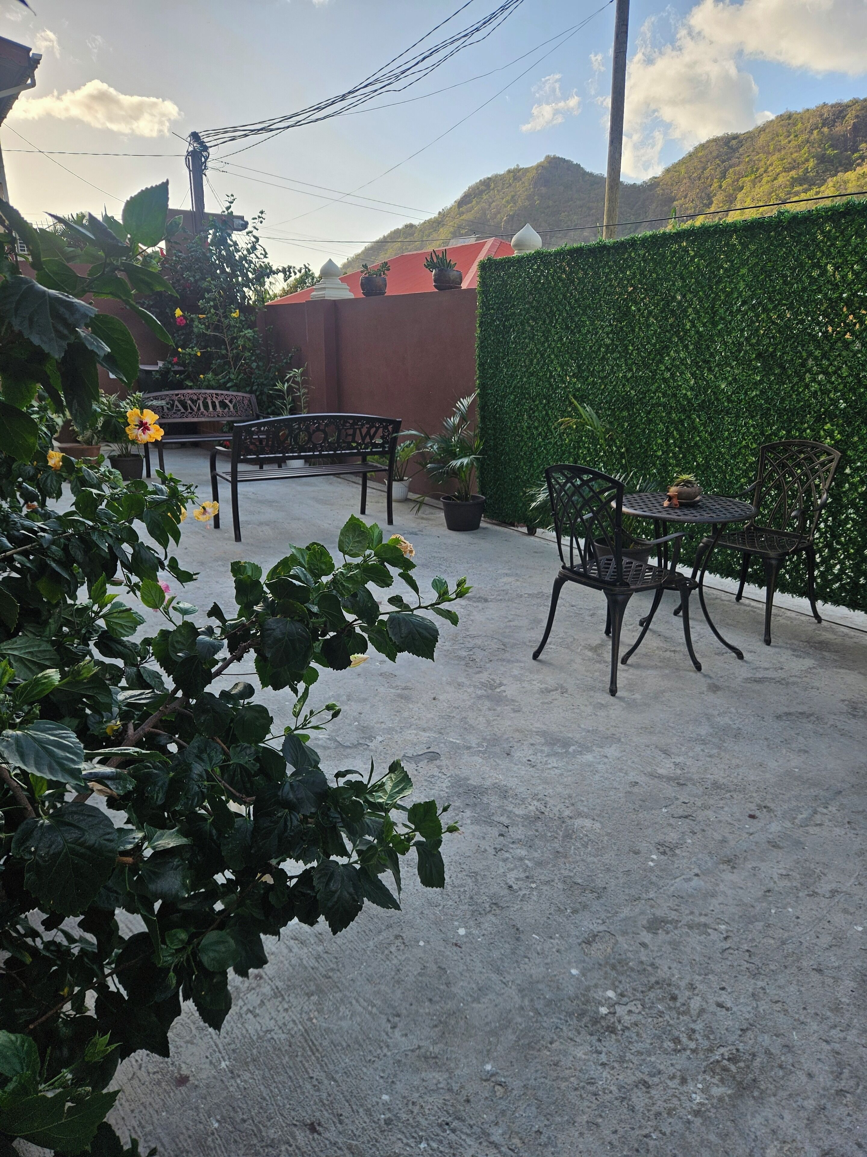 A patio area with outdoor seating, a hedge, and a view of a mountain.