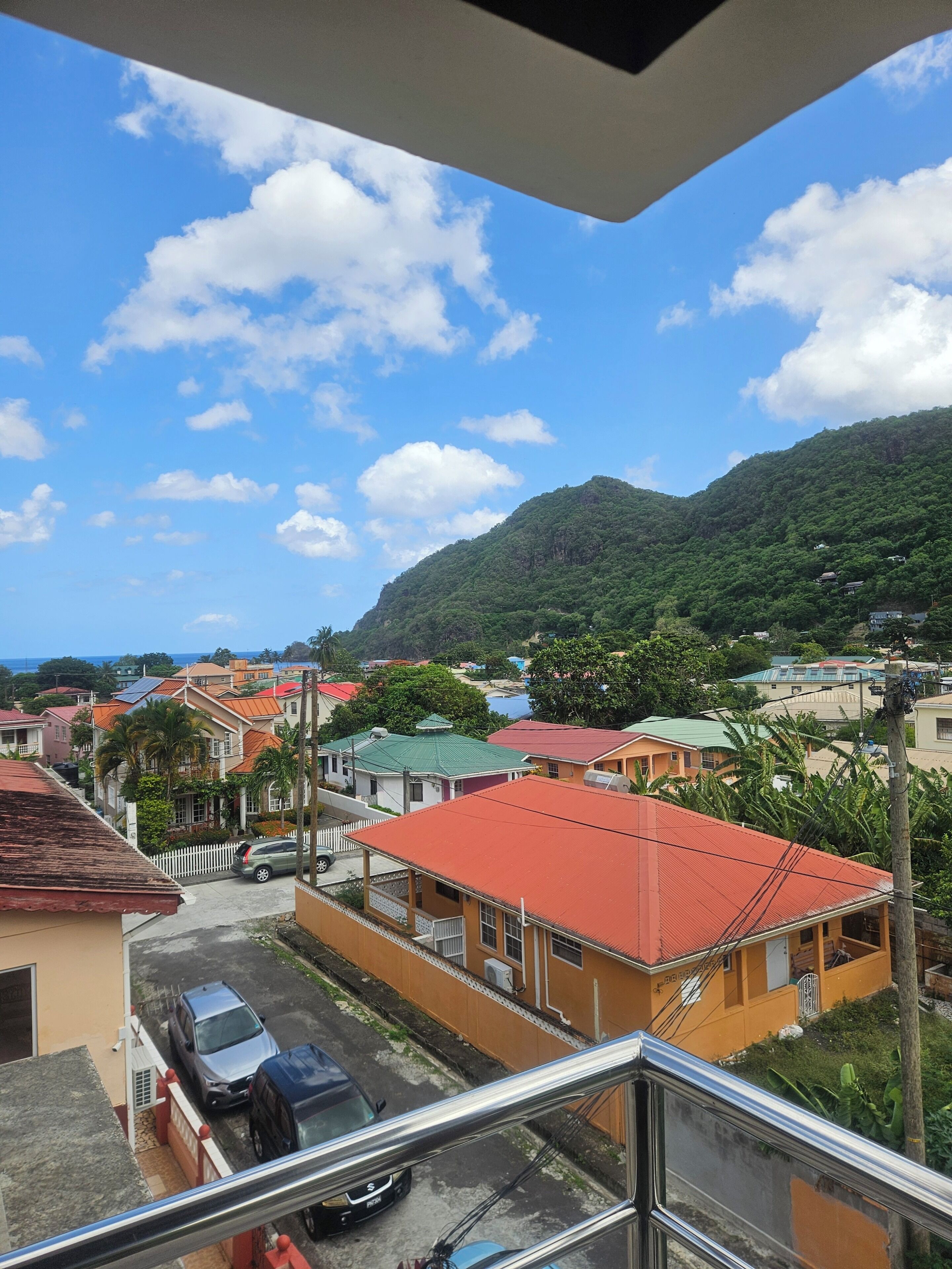 A residential area with houses, a street, and a mountain in the background.