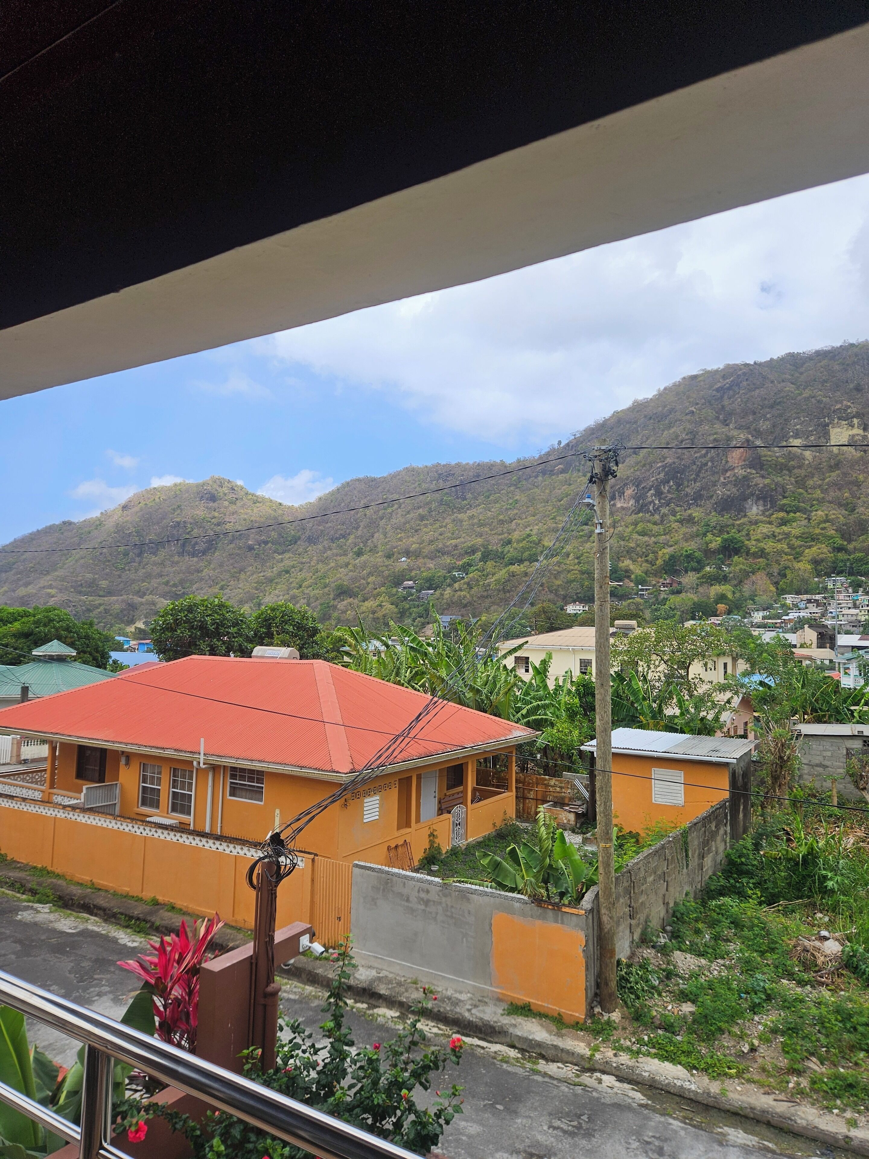 A view of a residential area with houses, a mountain in the background, and a clear sky.