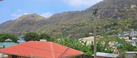 A view of a residential area with houses, a mountain in the background, and a clear sky.