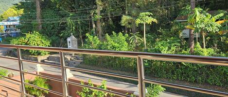 Un balcon doté d’une rambarde en métal, donnant sur une route bordée d’un petit bâtiment et d’une végétation luxuriante.