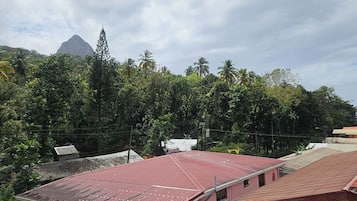 Un bâtiment avec un toit rouge et une vue sur une montagne en arrière-plan.