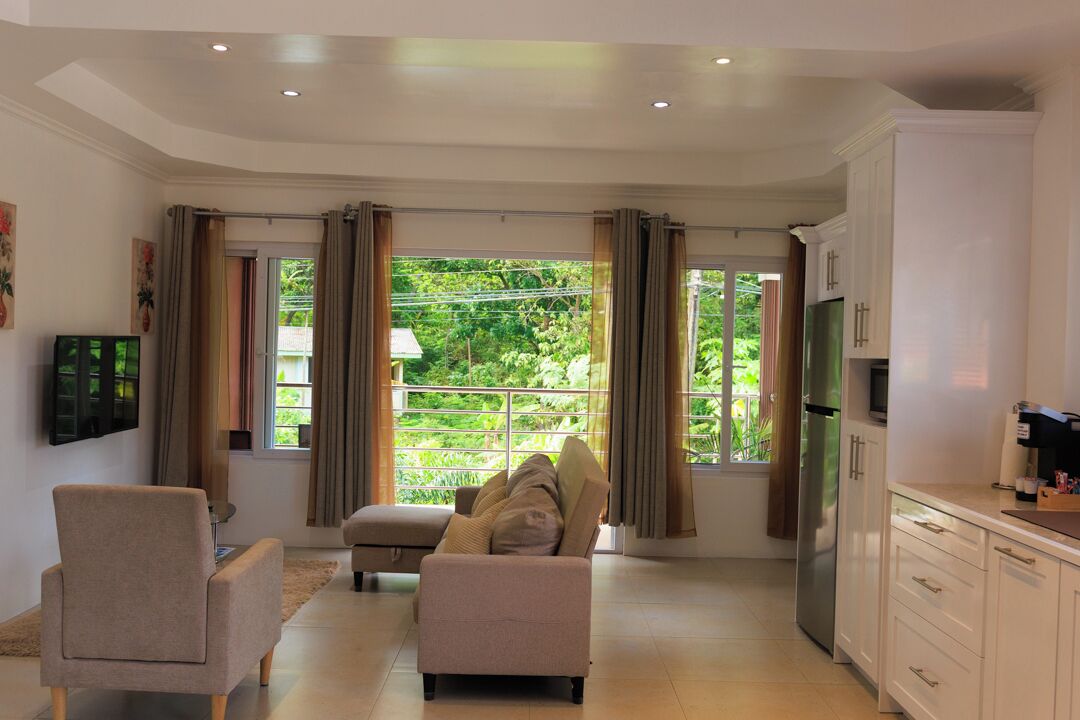 Amplia sala de estar con sofá, sillón y zona de cocina con armarios y refrigerador.