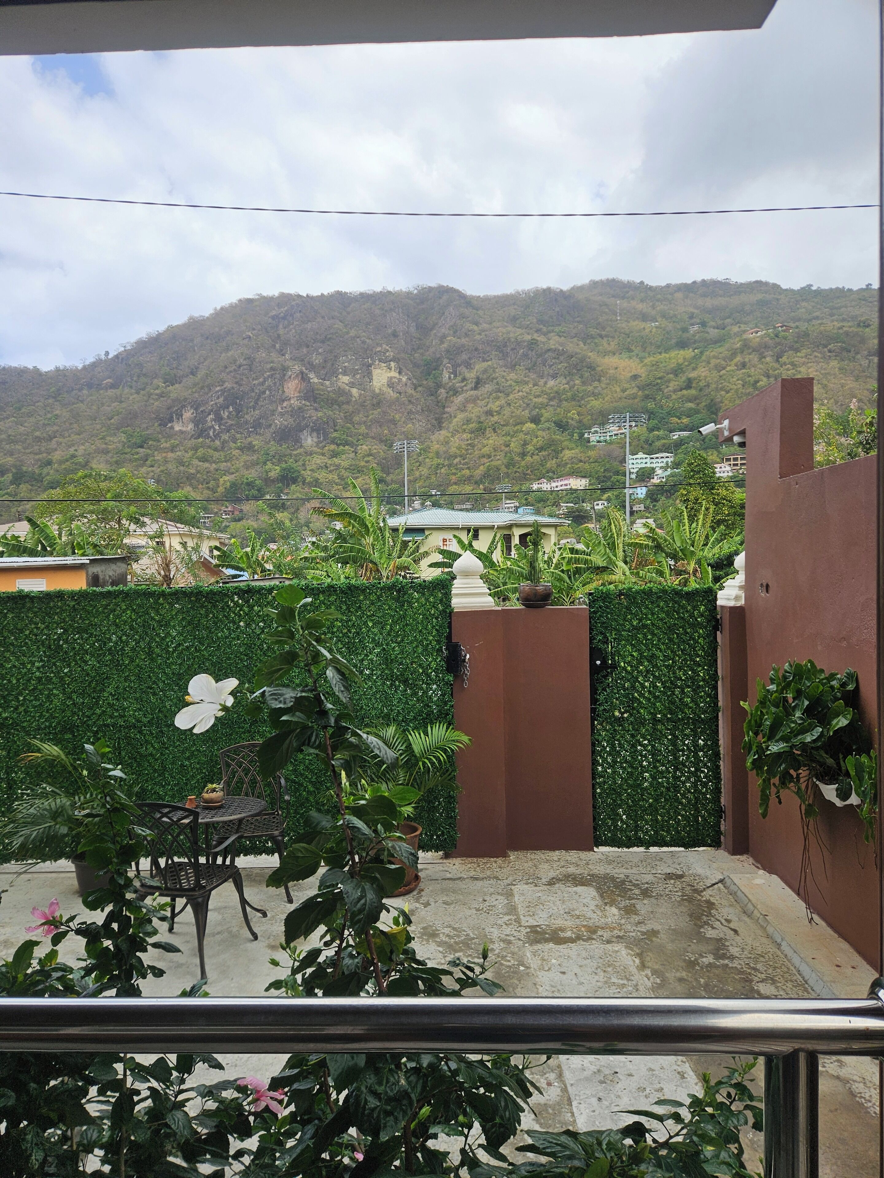 A balcony with a view of a mountainous landscape, a green hedge, and a potted plant.