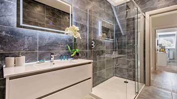 Shower, hair dryer, towels, shampoo