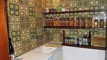 Una cocina con salpicadero de azulejos estampados, un lavabo y estantes con frascos y botellas.
