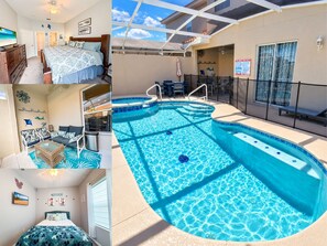 A hotel room with a bed, a TV, a desk, and a view of a swimming pool.